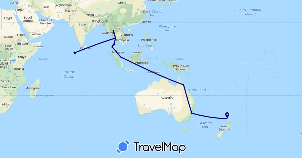 TravelMap itinerary: driving in Australia, Maldives, New Zealand, Singapore, Thailand (Asia, Oceania)